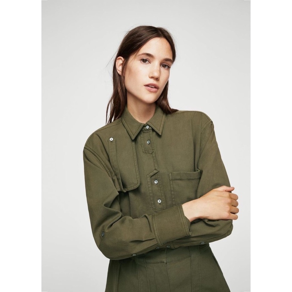 Mango Dark Olive Green Cotton Cargo Canvas Utility Workwear Shirt MNG Suit 8